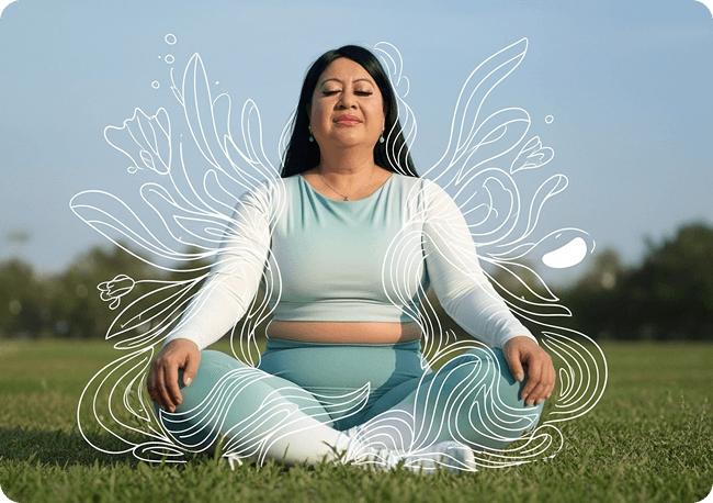Marlene meditating with floral line-art