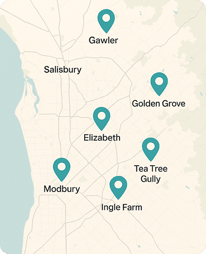 Map showing mobile service areas around Adelaide: Gawler, Salisbury, Golden Grove, Elizabeth, Tea Tree Gully, Modbury, Ingle Farm